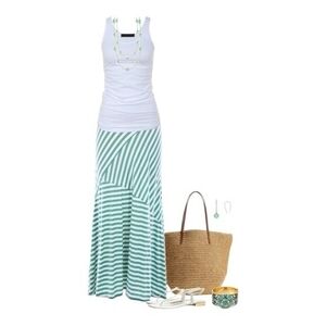 Promesa Women's Mint Grey Striped Maxi Skirt L Stretchy Asymmetrical Hem NWT